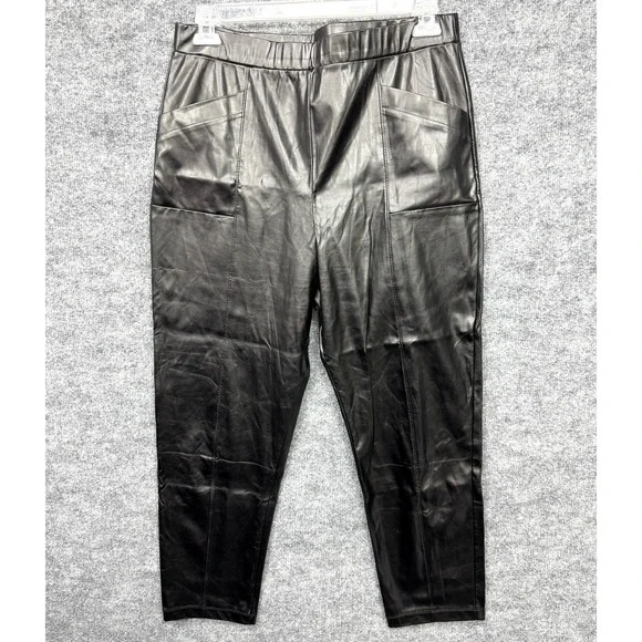 Halston Womens Faux Leather Pants Black High Waisted Elastic Waist Pockets - Picture 4 of 11